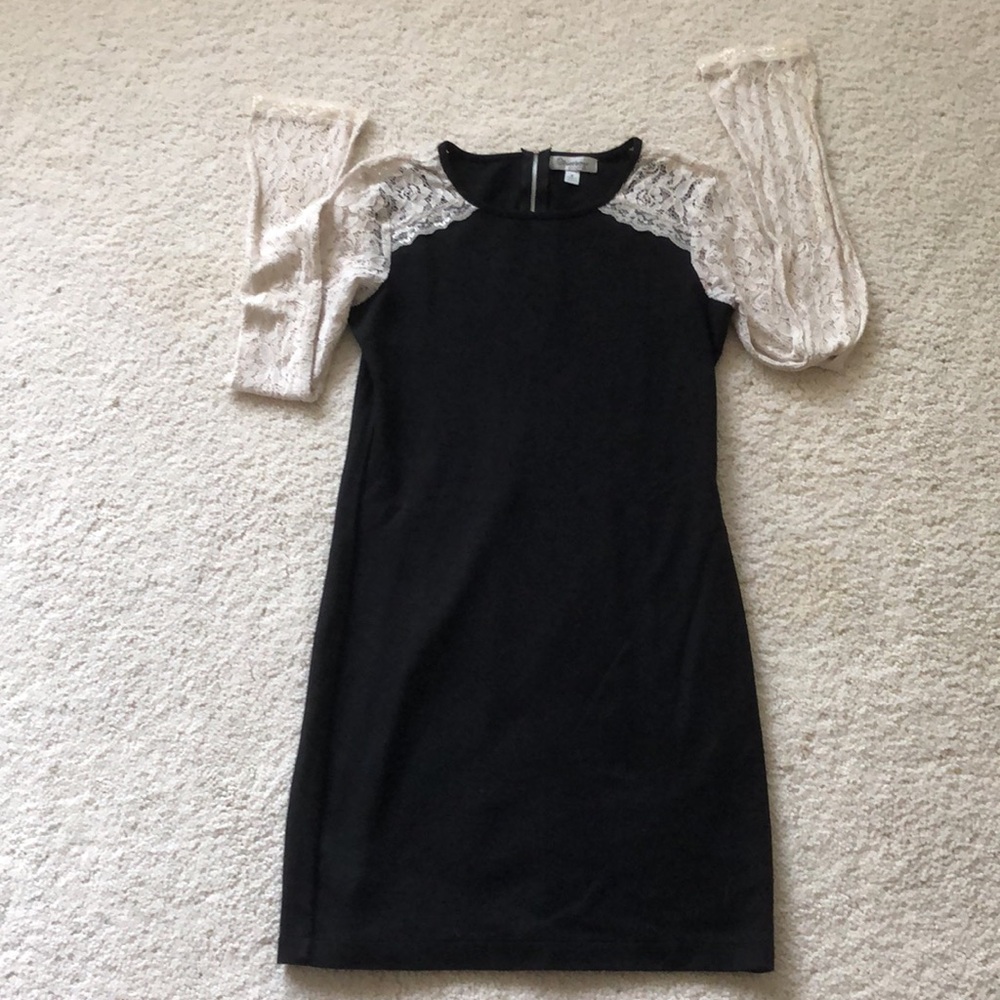 Olsenboye Black Body-con Dress with ecru/white lace sleeves